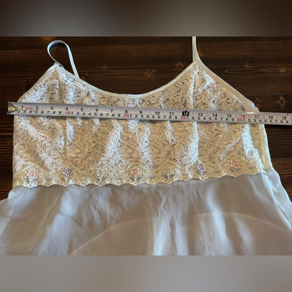 VTG Ivory Lace Bodice Chiffon Babydoll with Pastel Floral Trim Size L - Picture 7 of 7
